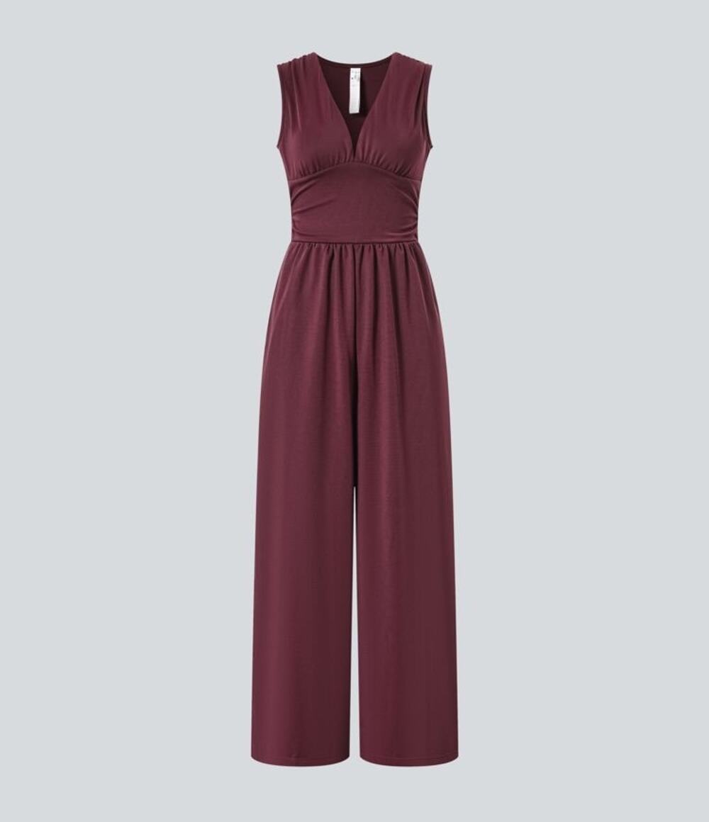 NWT Halara V-neck sleeveless ruched jumpsuit in bayberry Sz M